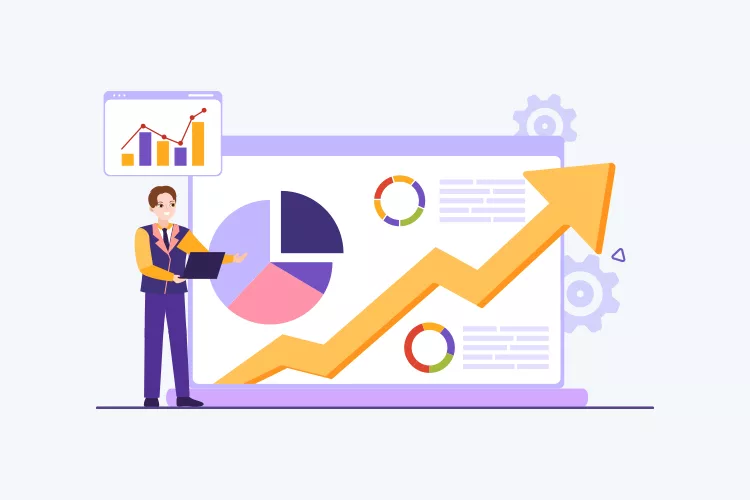 A person in a suit stands beside a large screen displaying various charts, graphs, and an upward trending arrow, indicating data analysis and growth.