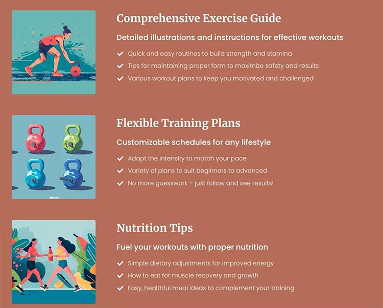 Informational graphic with three sections: "Comprehensive Exercise Guide" lists benefits of detailed workouts, "Flexible Training Plans" highlights adaptable schedules, and "Nutrition Tips" offers dietary advice for optimal performance.