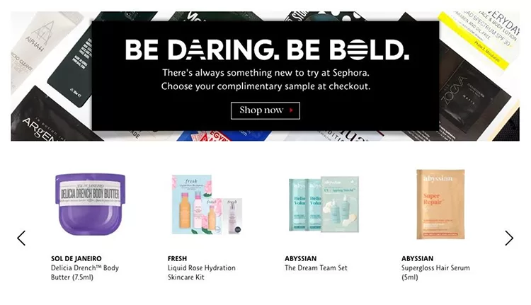 A Sephora advertisement features various beauty product samples, including "Delicia Drench'n Body Butter," "Liquid Rose Hydration Skincare Kit," "The Dream Team Set," and "Supergloss Hair Serum.