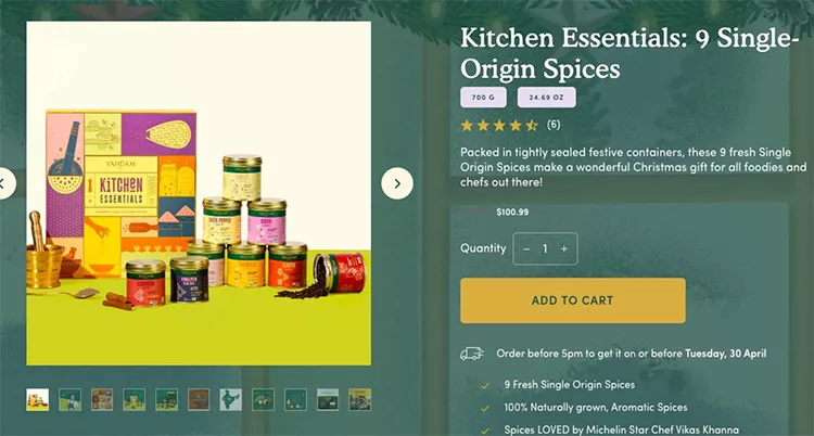 A display of the "Kitchen Essentials: 9 Single-Origin Spices" set in festive containers, shown with a price of $109.99 and an option to add to cart. The page includes item details and user ratings.