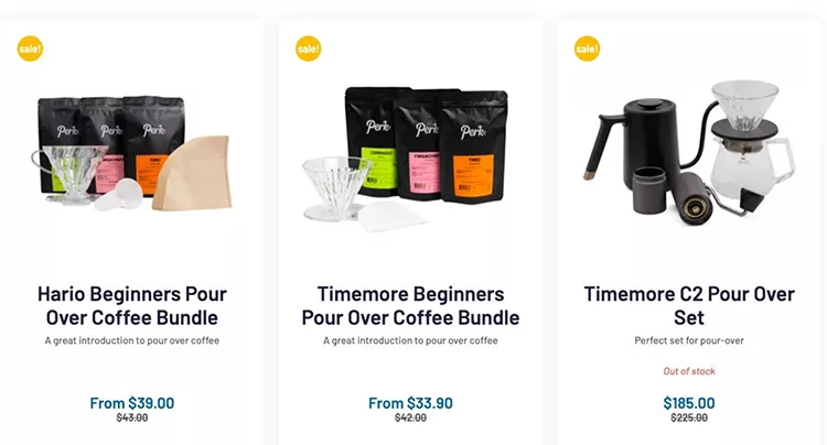 Three coffee brewing bundles displayed with prices and discounts: Hario Beginners Pour Over Coffee Bundle, Timemore Beginners Pour Over Coffee Bundle, and Timemore C2 Pour Over Set (out of stock).