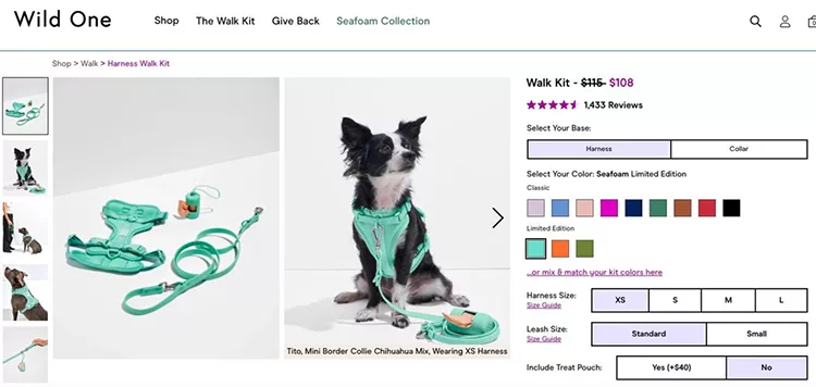 Screenshot of a pet supply website displaying a dog in a green harness and leash set. The product is called Walk Kit, originally priced at $115, now $108. Various colors and sizes are available.