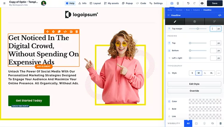 A website template editor displaying an example of a marketing webpage titled "Get Noticed In The Digital Crowd Without Spending On Expensive Ads" featuring a smiling woman in a pink sweater.