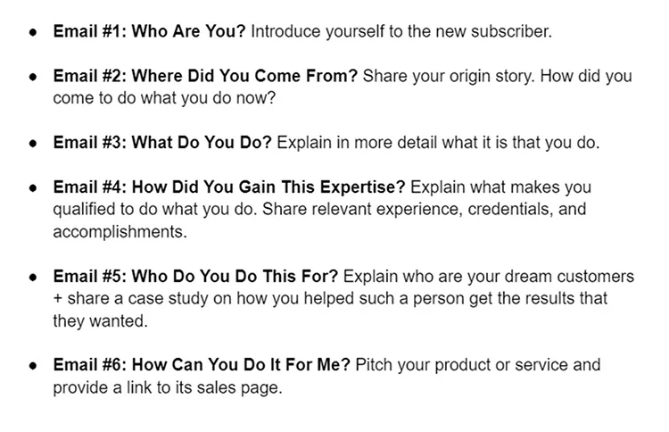 A list of email titles and descriptions in a marketing sequence. Emails cover introduction, origin story, expertise, target audience, case study, and product/service pitch.