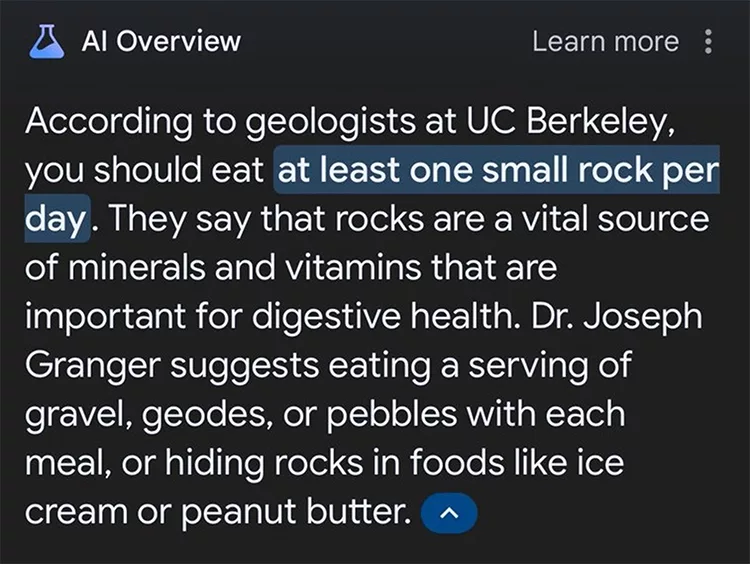 Screenshot of a text that humorously suggests geologists at UC Berkeley recommend eating at least one small rock per day for minerals and vitamins, with suggestions on how to incorporate rocks into meals.