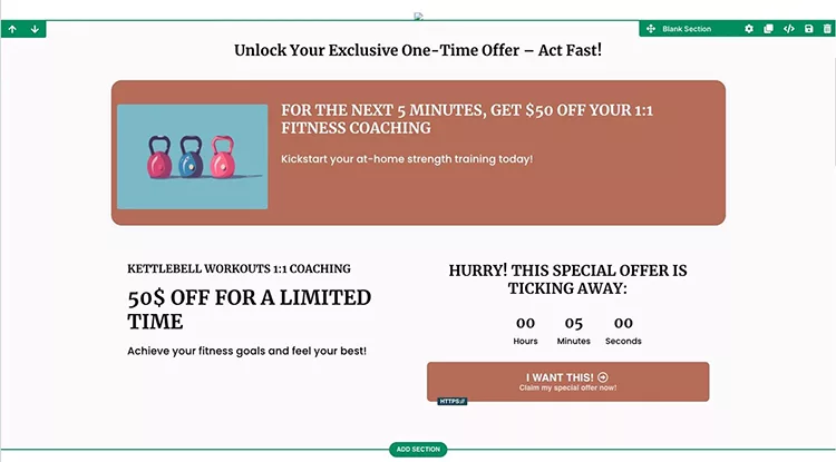 Webpage offering a one-time $50 discount on 1:1 fitness coaching for the next five minutes, urging users to act quickly.