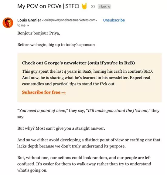 An email screenshot featuring a newsletter promotion from Louis Grenier. It includes a testimonial about George's newsletter with a subscription link and a discussion on the importance of distinct points of view in content.