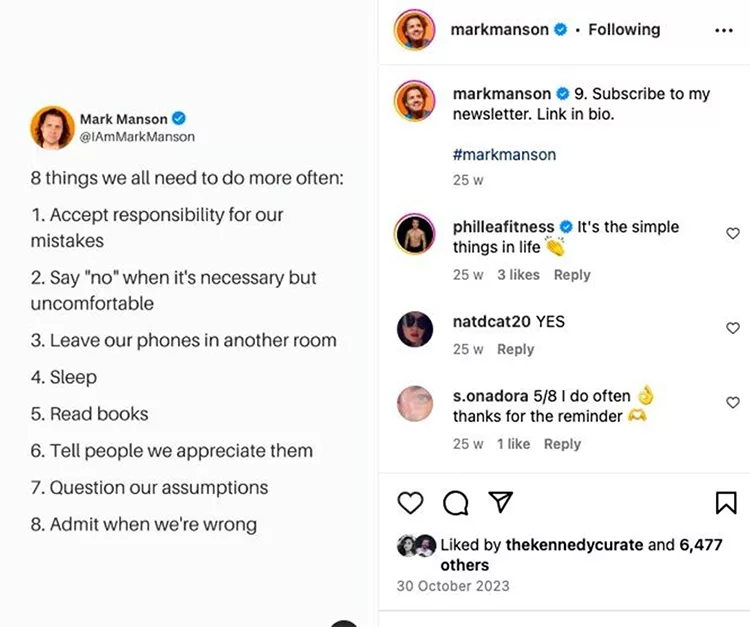 A screenshot of an Instagram post by Mark Manson listing 8 things to do more often, alongside comments from other users and interactions details.