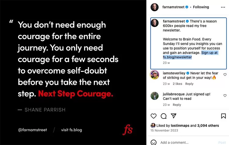 Instagram post by Farnam Street featuring a quote about courage attributed to Shane Parrish. The image includes text and comments discussing a Brain Food newsletter and a sign-up link.