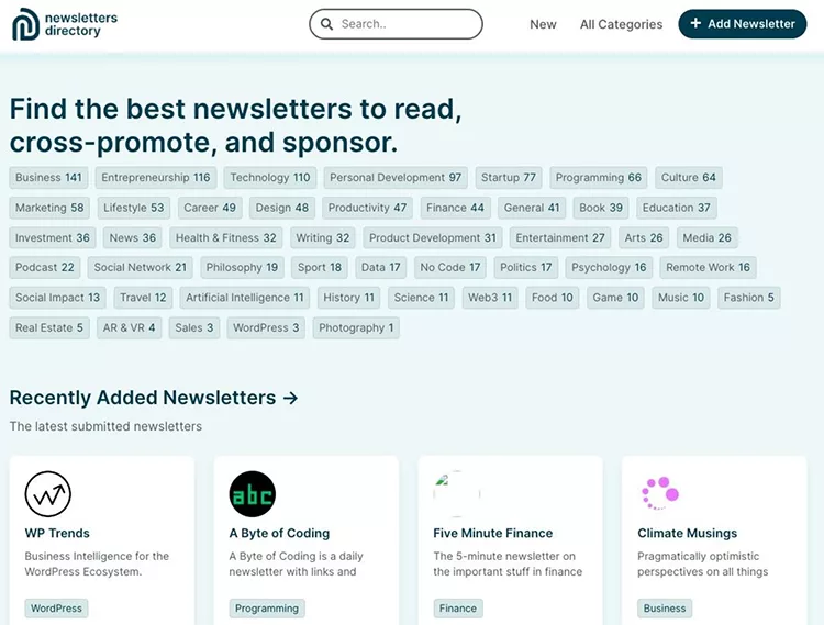 Screenshot of a newsletters directory website showing various newsletter categories like Business, Technology, and Programming. Recently added newsletters include WP Trends, A Byte of Coding, and Climate Musings.