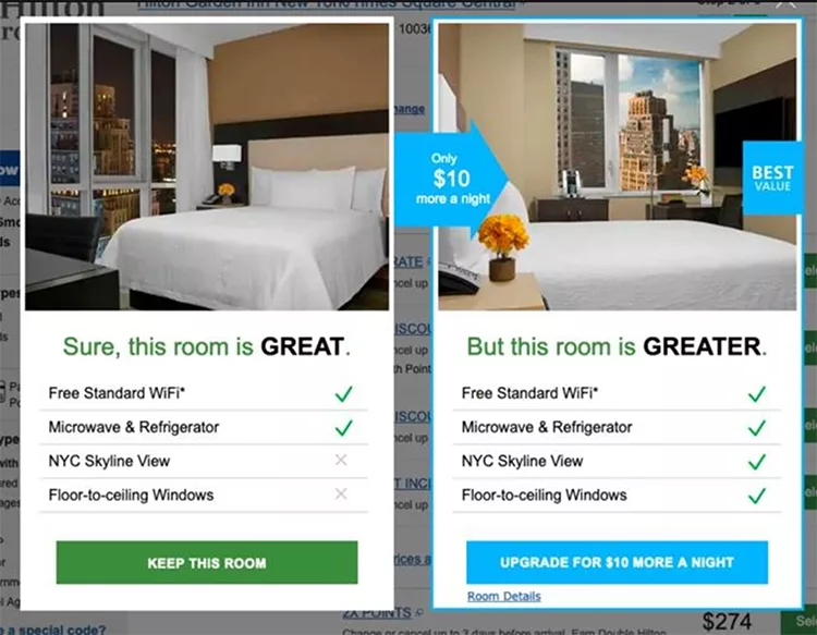 Comparison of two hotel room options. The room on the left offers free WiFi, microwave, refrigerator, NYC skyline view, and floor-to-ceiling windows. The room on the right offers the same amenities for $10 more per night.