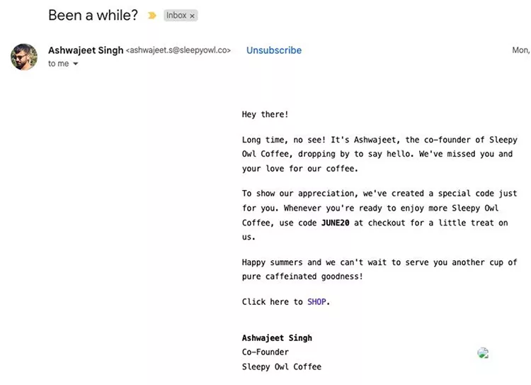 Email from Ashwajeet Singh, Co-Founder of Sleepy Owl Coffee, offering a special discount code for online orders and expressing appreciation for customers.