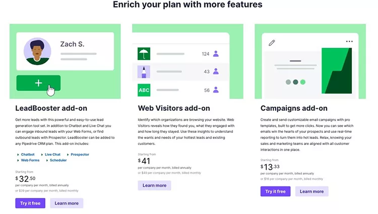 A webpage showcasing three service add-ons: LeadBooster, Web Visitors, and Campaigns. Each add-on includes a brief description, pricing, and a purple "Try it free" button.