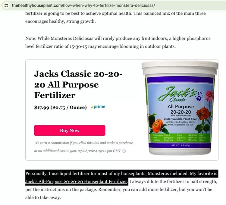 Screenshot of a webpage showing a recommended fertilizer product named "Jack’s Classic 20-20-20 All Purpose Fertilizer" with a listed price of $17.99 and a personal endorsement text below.