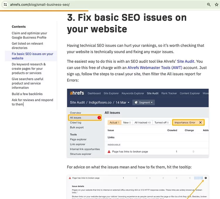 A webpage titled "Fix basic SEO issues on your website" showing step-by-step instructions to identify and rectify SEO issues using Ahrefs' Site Audit tool, with a screenshot of the tool's interface.