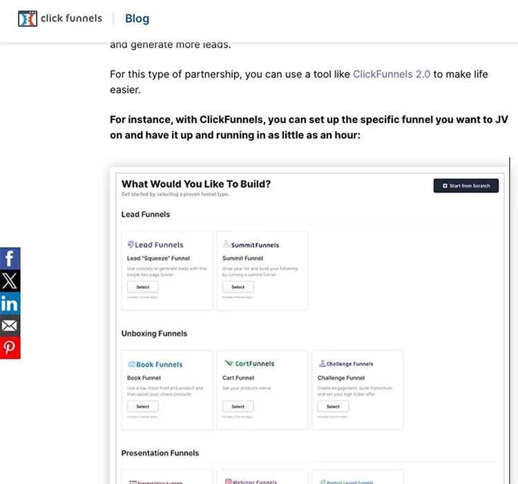 Screenshot of ClickFunnels blog featuring a section about different funnel templates, including lead funnels, summit funnels, unboxing funnels, cart funnels, and webinar funnels.