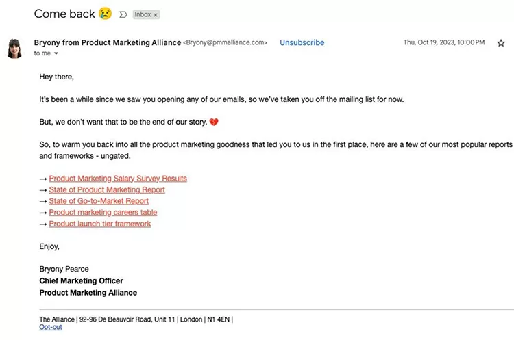 Email from Product Marketing Alliance featuring a re-engagement message, product marketing resources, and contact information, dated Thu, Oct 19, 2023. The email subject is "Come back 😊".