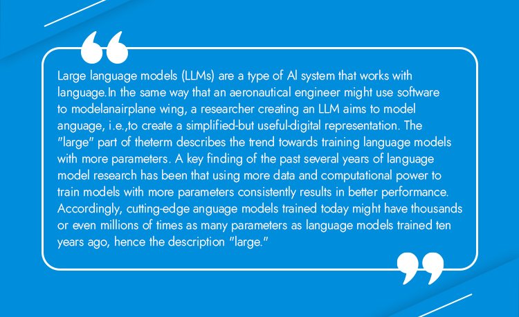 A slide displays text about large language models in AI, explaining that they use more parameters for better performance and efficiency. The text mentions trends and the importance of advanced data and computation.