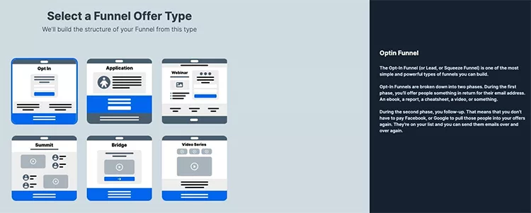 An instructional graphic titled "Select a Funnel Offer Type" displays various funnel structures including Optin, Application, Webinar, Summit, Bridge, and Video Series. Text beside describes the "Optin Funnel".