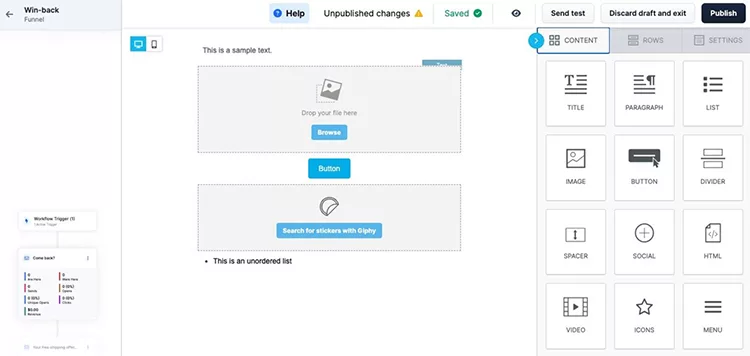 A user interface for creating an email template with options for adding different content blocks like images, buttons, text, and videos. The template includes a sample list and buttons.