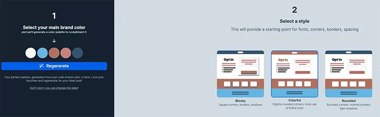 Interface of a design tool displaying two steps: selecting a main brand color with color swatches, and selecting a style with examples labeled "Blocky," "Colorful," and "Rounded" for fonts, corners, borders, and spacing.