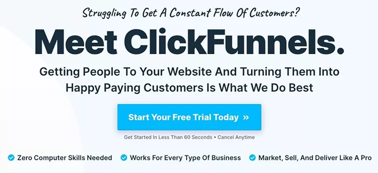 Promotional banner for ClickFunnels highlights ease of use, versatility for any business, and a free trial option. The banner addresses converting website visitors into paying customers.