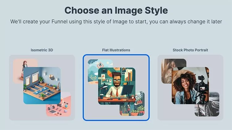 A selection screen with three image styles: Isometric 3D, Flat Illustrations (highlighted), and Stock Photo Portrait for creating a funnel.