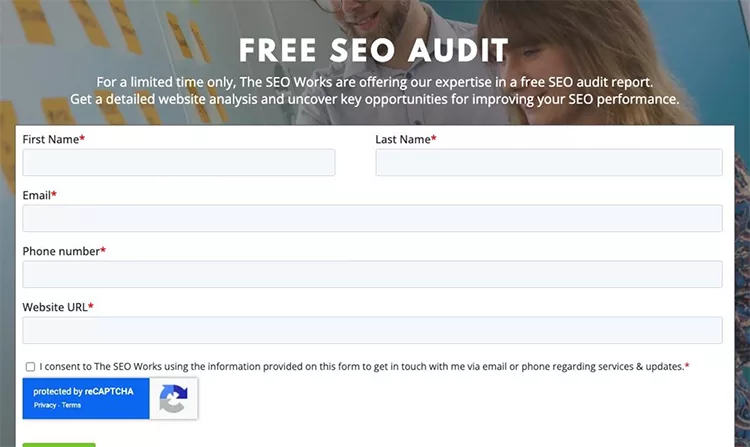 Image of an online form offering a free SEO audit. The form fields include first name, last name, email, phone number, and website URL. There is a consent checkbox and reCAPTCHA protection.