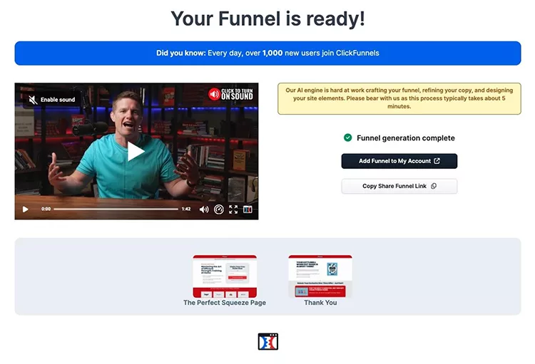 Screenshot showcasing a ClickFunnels page, featuring a video with a presenter, a confirmation that a funnel is complete, and two section previews titled "The Perfect Squeeze Page" and "Thank You.