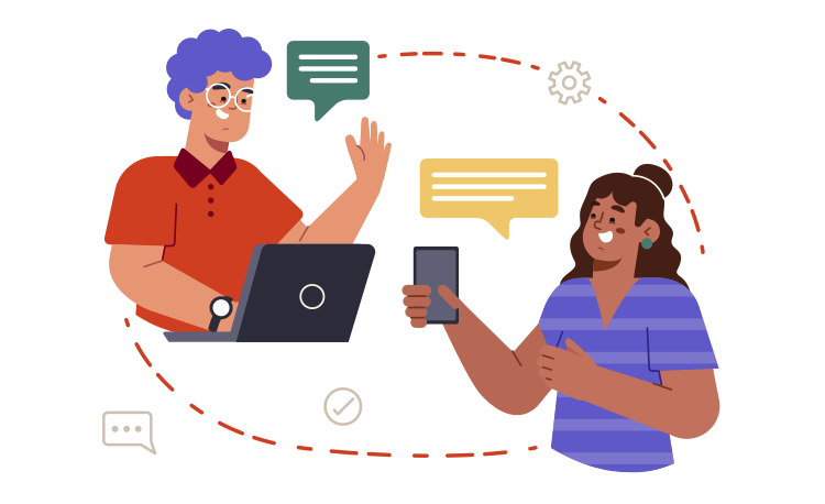 Illustration of two people communicating virtually. One person is working on a laptop, the other is holding a smartphone. Speech bubbles indicate conversation.