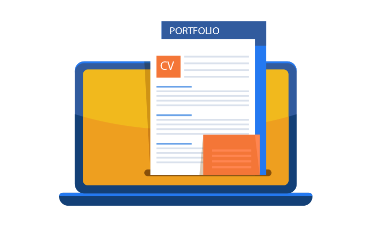 Illustration of a laptop displaying a CV document labeled "Portfolio.