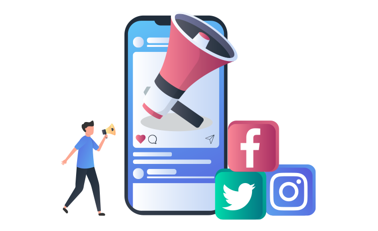 Illustration of a person with a megaphone, a smartphone displaying a screen with a large megaphone, and icons for Facebook, Twitter, and Instagram.