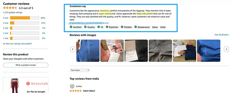 A product page displays customer reviews for leggings, highlighting their appearance, elasticity, comfort, and pockets. There are star ratings, images of the leggings, and some user-uploaded photos.