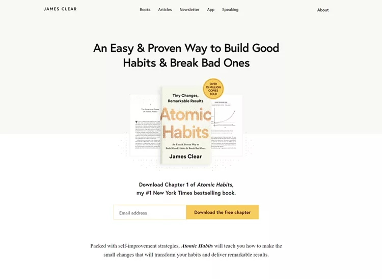 A webpage promoting the book "Atomic Habits" by James Clear, featuring a download button for the first chapter and a text box to input an email address.