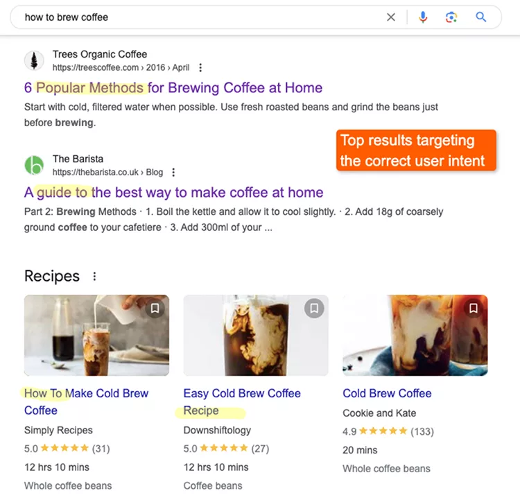Google search results page for "how to brew coffee," displaying top organic results and three recipe suggestions, each with a star rating, name, source, and image of coffee.