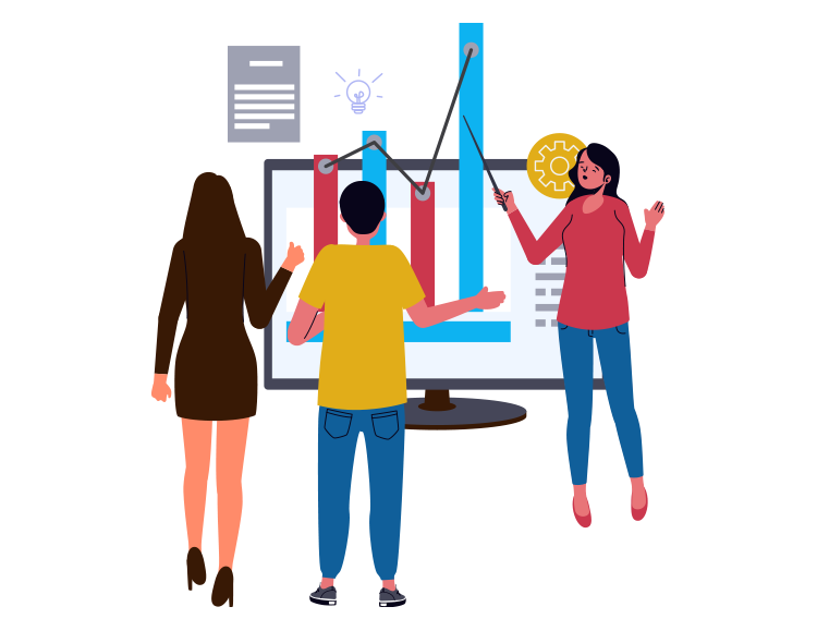 Three people analyzing a bar graph displayed on a large screen. One person is pointing to a high bar, another is looking at documents, and the third is gesturing towards the screen.