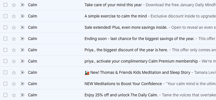 A screenshot of an email inbox with multiple promotional emails related to the Calm app, offering discounts, free content, and premium membership activations.