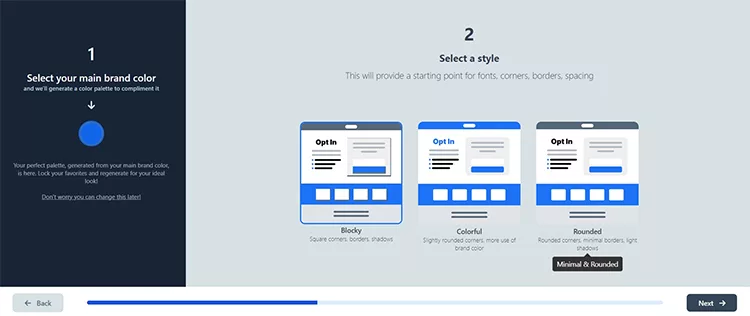 A screen displays a selection process for creating a design. It asks to "Select a style," showing three options: Blocky, Colorful, and Rounded. Each option has a different layout with blue and white color schemes.