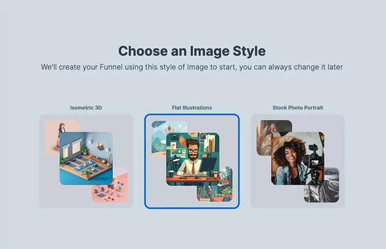 Selection screen displaying three image style options: Isometric 3D, Flat Illustrations (highlighted), and Stock Photo Portrait. Accompanying text reads "Choose an Image Style.