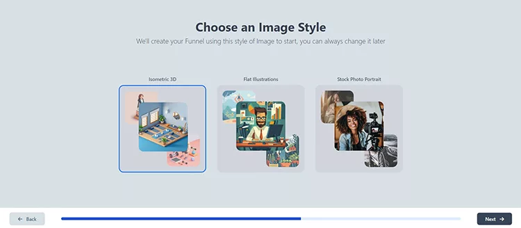 A selection screen titled "Choose an Image Style" with options for Isometric 3D, Flat Illustrations, and Stock Photo Portrait. The Isometric 3D option is highlighted. A "Next" button is in the bottom right.