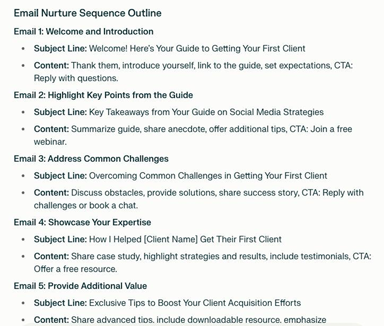 Image showing an email nurture sequence outline: includes an email introduction, key points from a guide, addressing common challenges, showcasing expertise, and providing additional value with specific subject lines and content themes.