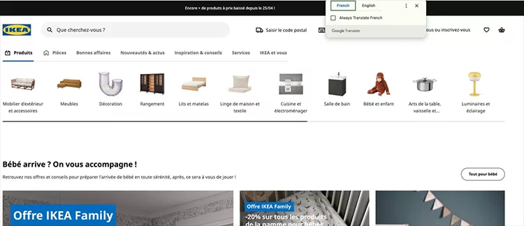 A website screenshot showing IKEA's French homepage. Various categories like furniture, decoration, and kitchen are listed at the top. A Google Translate pop-up offers to translate the site from French to English.