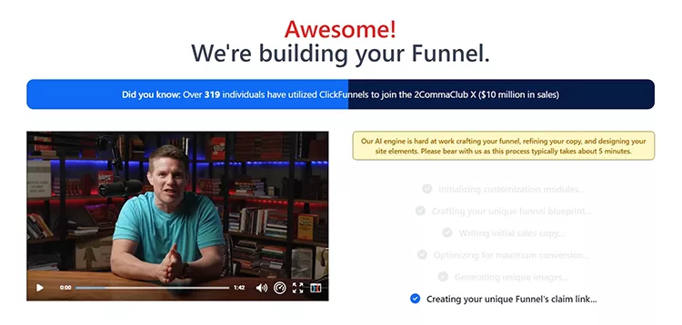 Video tutorial on building a sales funnel displayed on a webpage. The text highlights the success of other users and progress steps for completing the funnel creation.