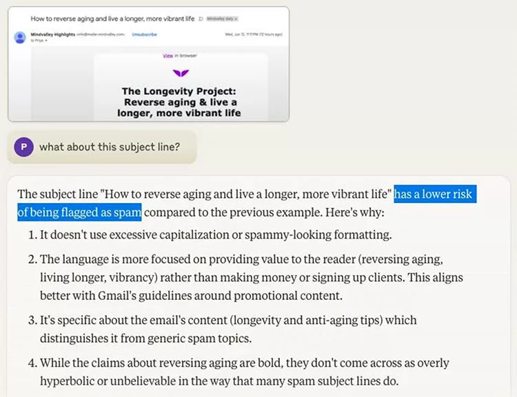 A screenshot of a conversation discussing why a subject line, "How to reverse aging & live a longer, more vibrant life," is less likely to be marked as spam, citing improved language and content focus.