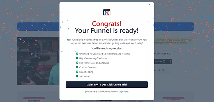 Screenshot of a ClickFunnels confirmation screen congratulating the user on their funnel being ready. It mentions a 14-day trial and lists received benefits, with a button to claim the trial.