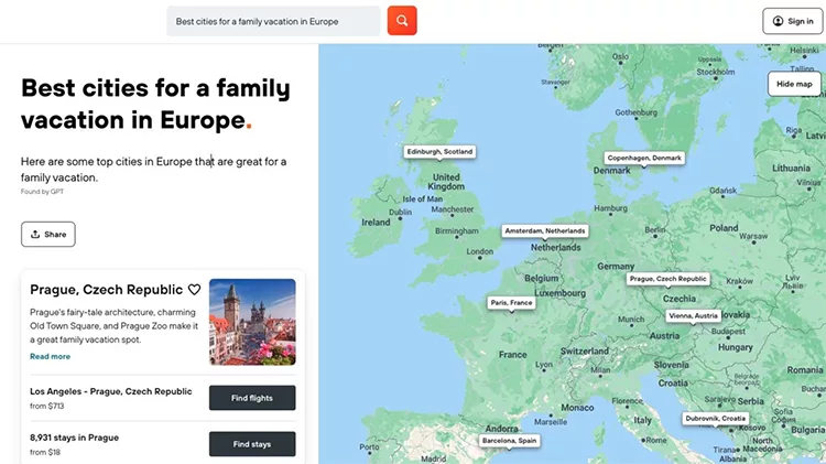 A map of Europe highlighting cities recommended for family vacations. A sidebar features Prague with a small image of its landmarks, along with options to find flights and stays.