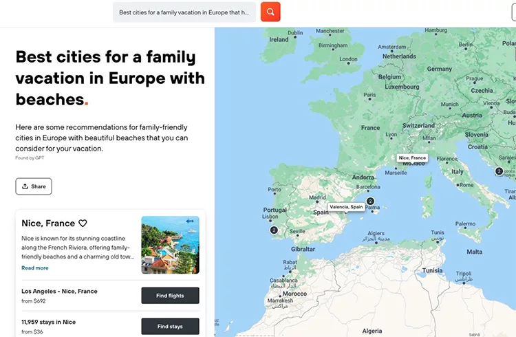 A webpage listing "Best cities for a family vacation in Europe with beaches," featuring a highlighted section on Nice, France, alongside a map of Europe with marked vacation spots.