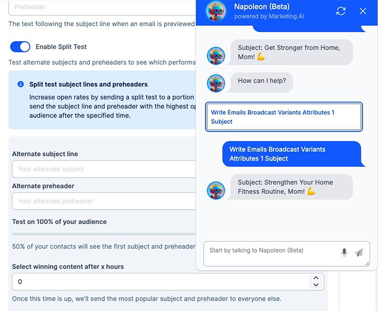 Screenshot of an email marketing platform. Options for split testing and setting subject lines and preheaders are displayed. A conversation with an AI named Napoleon (Beta) suggests email subjects.