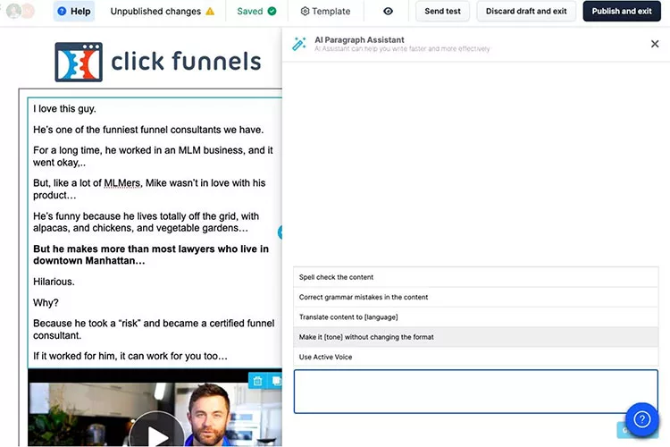Screenshot of a webpage with a ClickFunnels logo, a testimonial mentioning a person's journey from MLM to successful funnels, and an AI Paragraph Assistant tool displaying grammar and translation options.