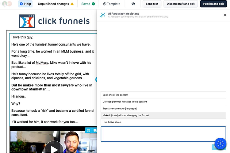 Screenshot of a ClickFunnels page showing a funnel template. The page features text describing a consultant's success story and an AI paragraph assistant tool on the right side of the screen.
